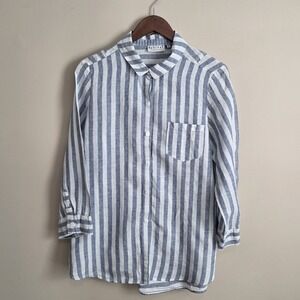 Habitat Clothes To Live In Womens Blue White Striped 100% Linen Button Shirt M